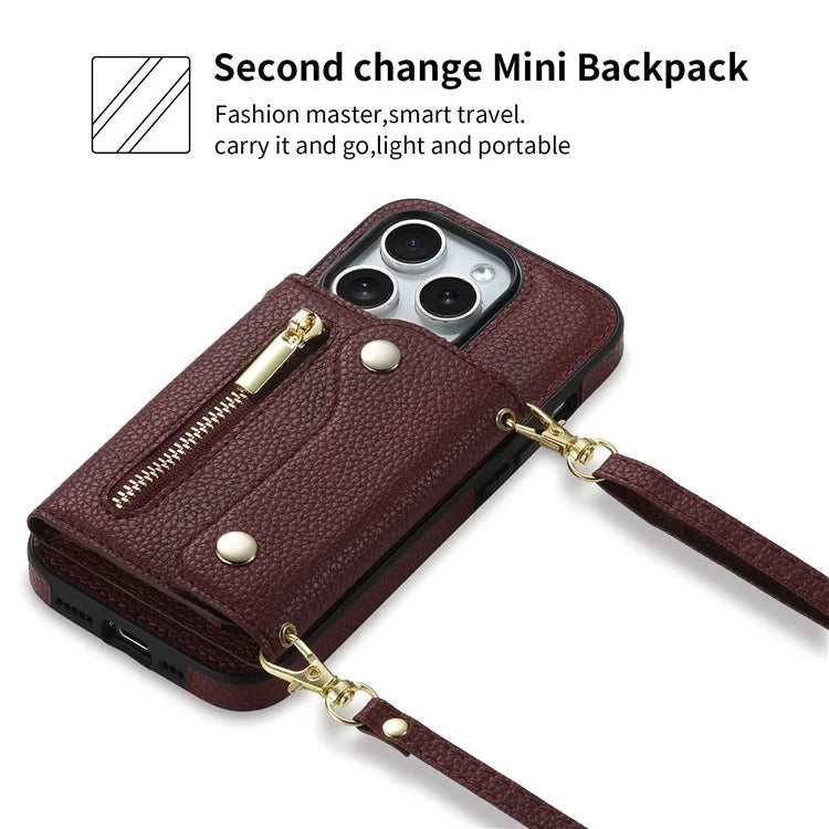 DF-09 For iPhone 15 Pro Max Phone Case PU Leather Zipper Kickstand Back Cover