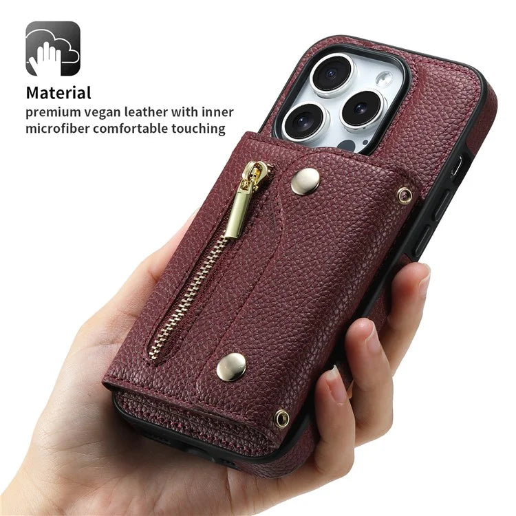 DF-09 For iPhone 15 Pro Max Phone Case PU Leather Zipper Kickstand Back Cover