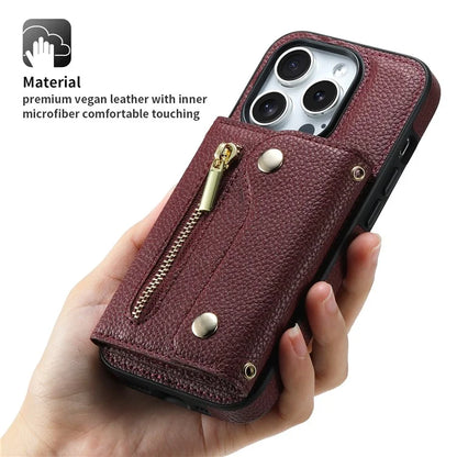 DF-09 For iPhone 15 Pro Max Phone Case PU Leather Zipper Kickstand Back Cover
