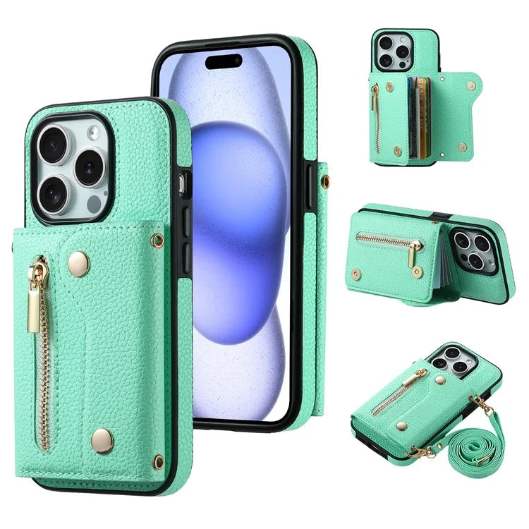 DF-09 For iPhone 15 Pro Max Phone Case PU Leather Zipper Kickstand Back Cover
