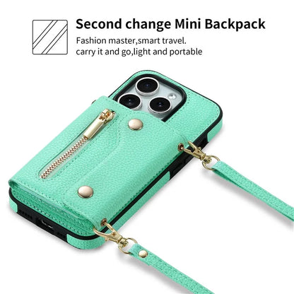 DF-09 For iPhone 15 Pro Max Phone Case PU Leather Zipper Kickstand Back Cover