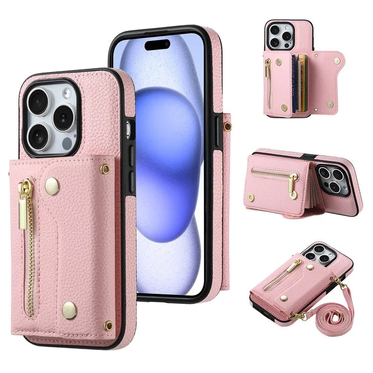 DF-09 For iPhone 15 Pro Max Phone Case PU Leather Zipper Kickstand Back Cover