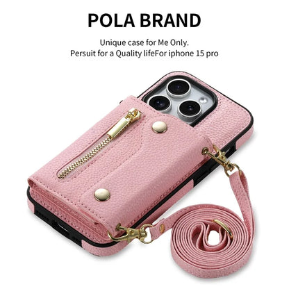 DF-09 For iPhone 15 Pro Max Phone Case PU Leather Zipper Kickstand Back Cover