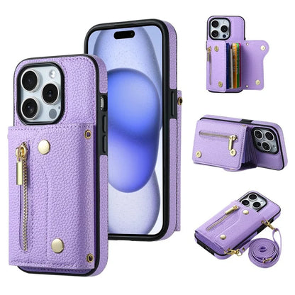 DF-09 For iPhone 15 Pro Max Phone Case PU Leather Zipper Kickstand Back Cover