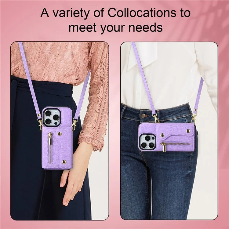 DF-09 For iPhone 15 Pro Max Phone Case PU Leather Zipper Kickstand Back Cover