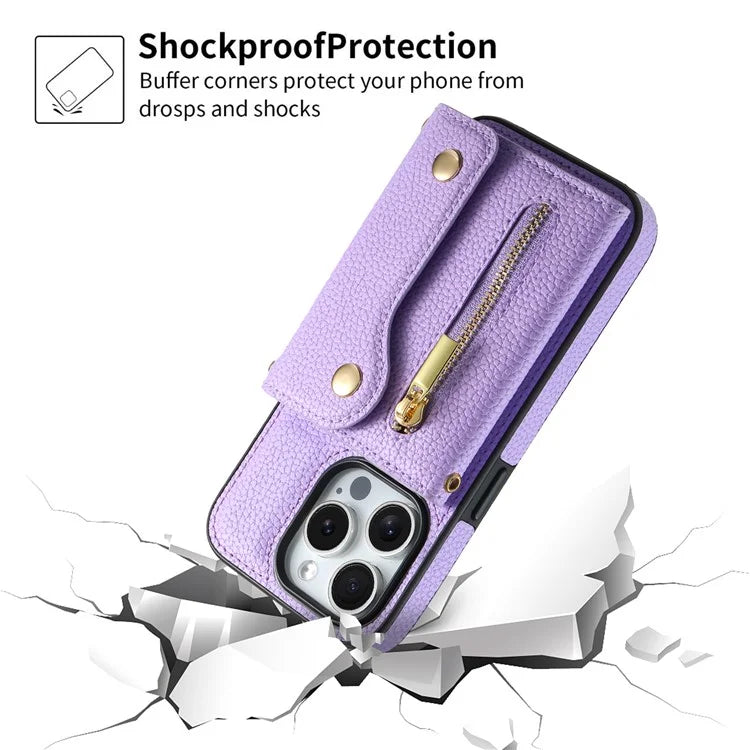 DF-09 For iPhone 15 Pro Max Phone Case PU Leather Zipper Kickstand Back Cover