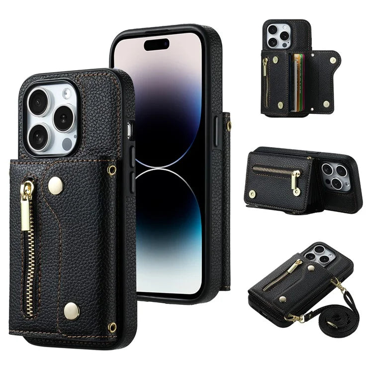 DF-09 For iPhone 14 Pro Max Phone Case Card Slots Kickstand Crossbody Cover