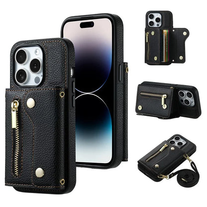 DF-09 For iPhone 14 Pro Max Phone Case Card Slots Kickstand Crossbody Cover