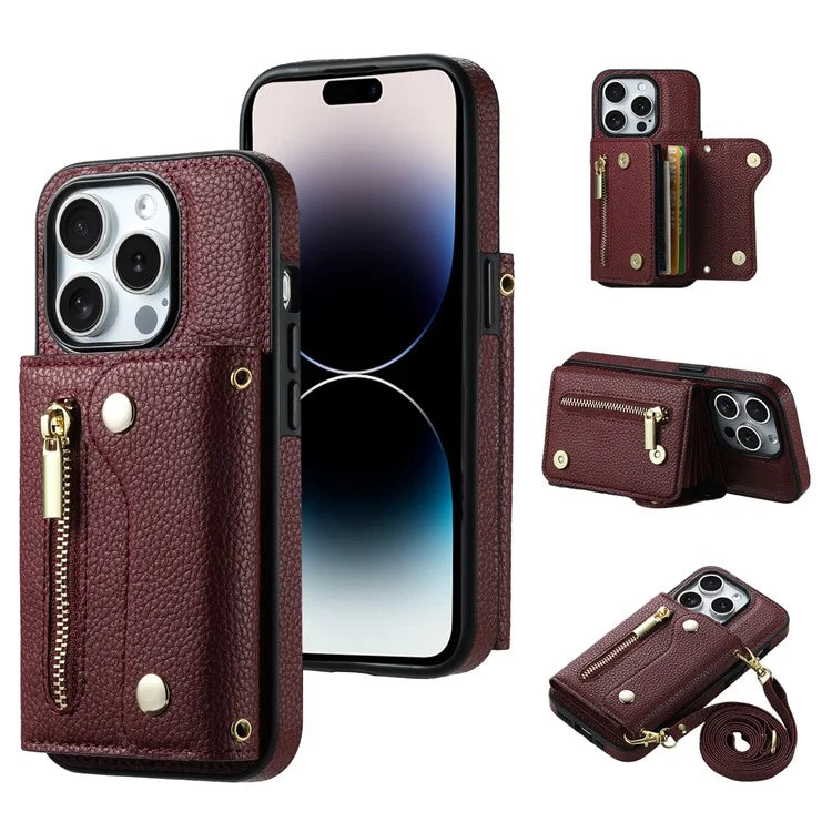 DF-09 For iPhone 14 Pro Max Phone Case Card Slots Kickstand Crossbody Cover