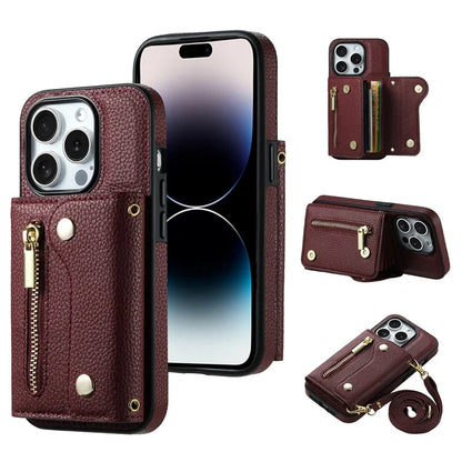 DF-09 For iPhone 14 Pro Max Phone Case Card Slots Kickstand Crossbody Cover