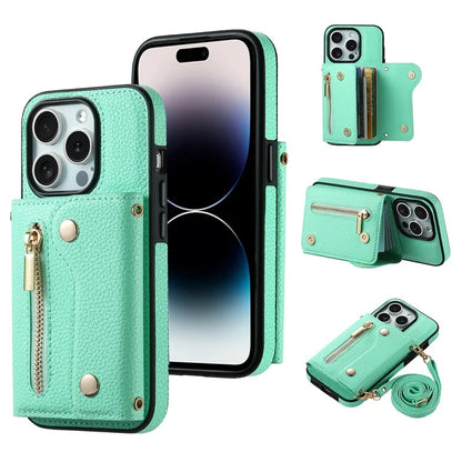 DF-09 For iPhone 14 Pro Max Phone Case Card Slots Kickstand Crossbody Cover