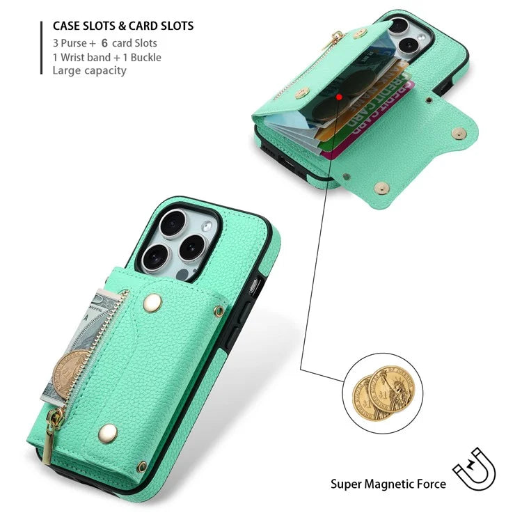 DF-09 For iPhone 14 Pro Max Phone Case Card Slots Kickstand Crossbody Cover