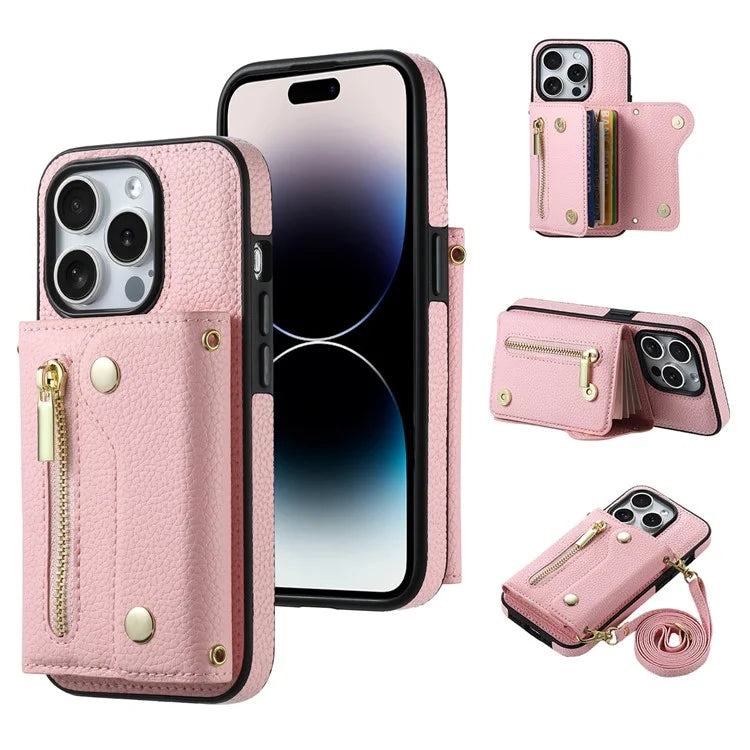 DF-09 For iPhone 14 Pro Max Phone Case Card Slots Kickstand Crossbody Cover