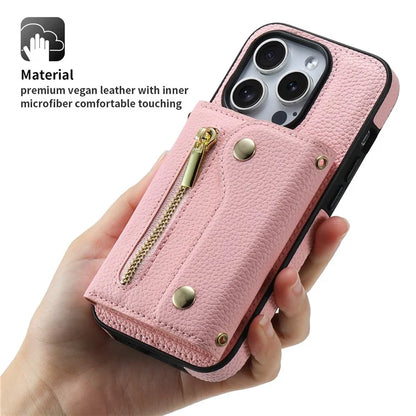 DF-09 For iPhone 14 Pro Max Phone Case Card Slots Kickstand Crossbody Cover