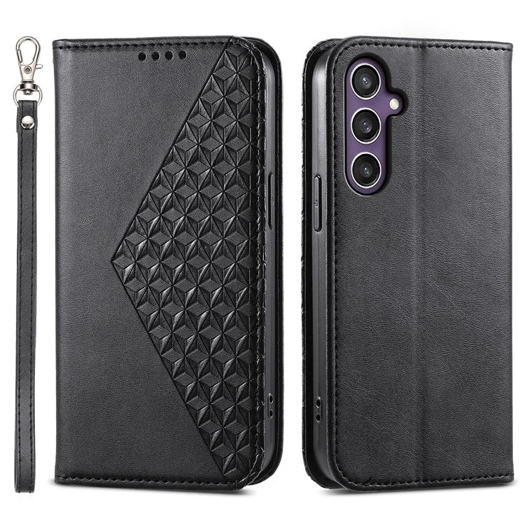 For Samsung Galaxy S24+ Cell Phone Case Calf Texture PU Leather Wallet Cover with Strap