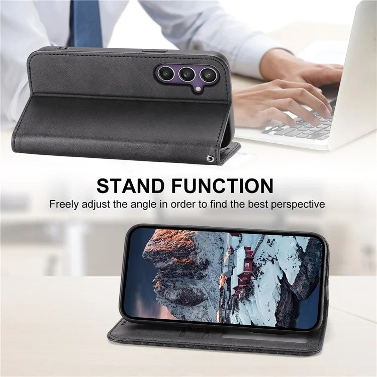 For Samsung Galaxy S24+ Cell Phone Case Calf Texture PU Leather Wallet Cover with Strap