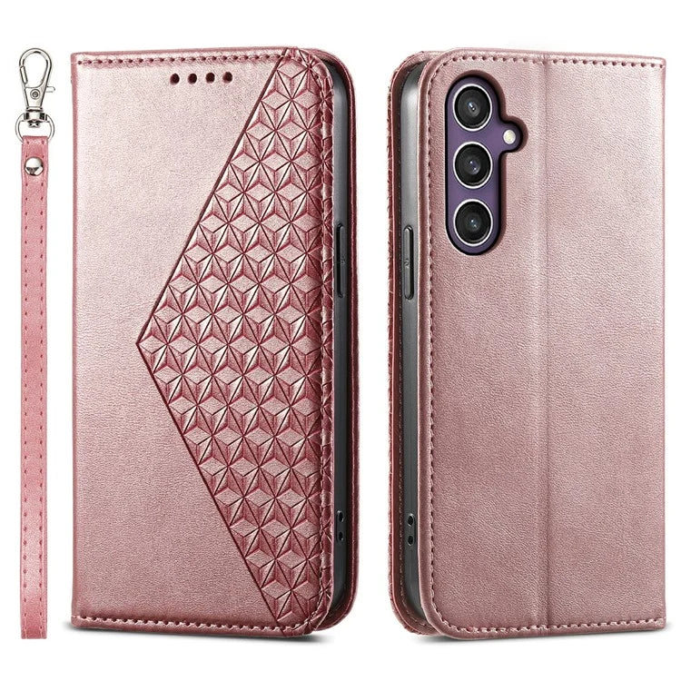 For Samsung Galaxy S24+ Cell Phone Case Calf Texture PU Leather Wallet Cover with Strap