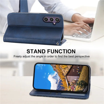 For Samsung Galaxy S24+ Cell Phone Case Calf Texture PU Leather Wallet Cover with Strap