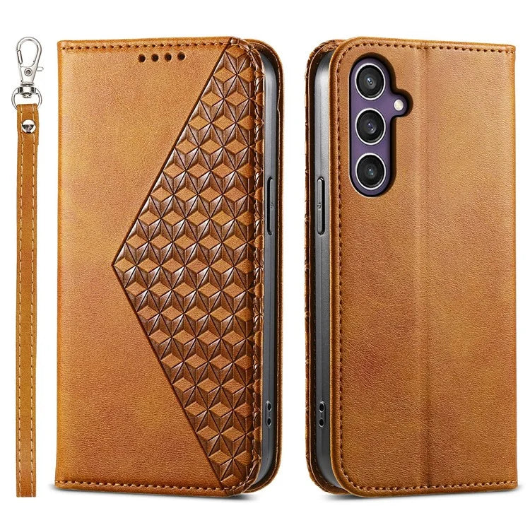 For Samsung Galaxy S24+ Cell Phone Case Calf Texture PU Leather Wallet Cover with Strap