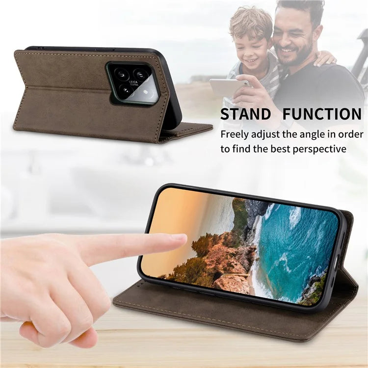 DF-05 Retro RFID Blocking Phone Shell for Xiaomi 14 Case Phone Stand Cover PU Leather Wallet