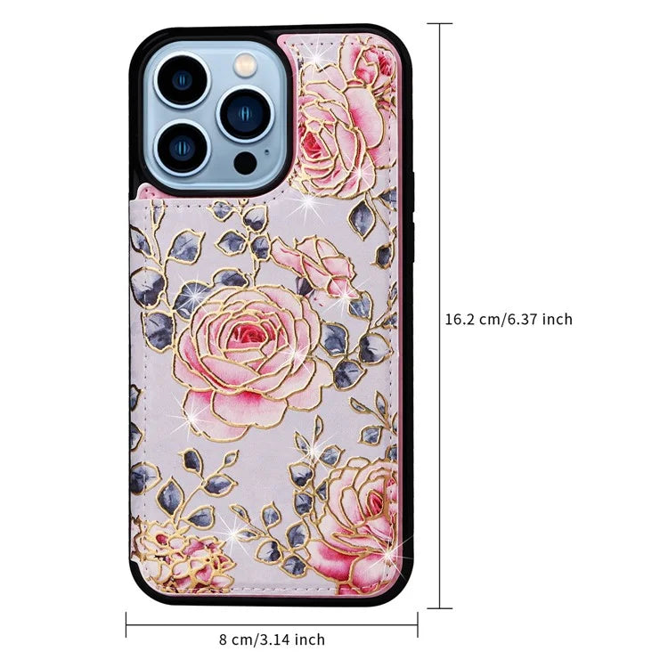 For iPhone 13 Pro Max Case Lacquered Flower RFID Blocking Card Holder Phone Cover