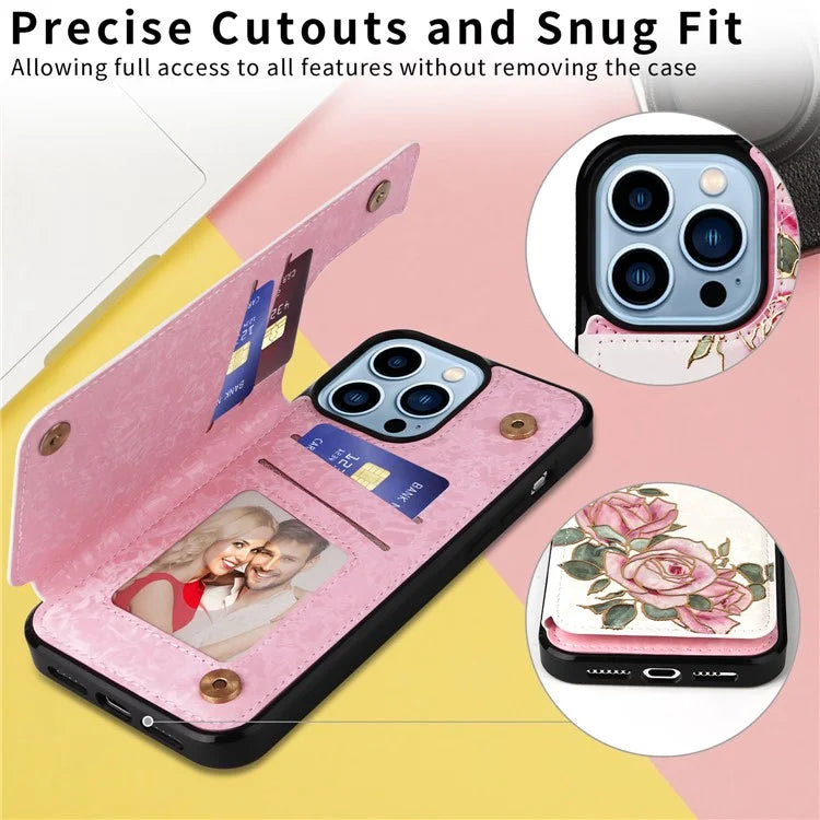For iPhone 13 Pro Max Case Lacquered Flower RFID Blocking Card Holder Phone Cover