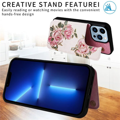 For iPhone 13 Pro Max Case Lacquered Flower RFID Blocking Card Holder Phone Cover