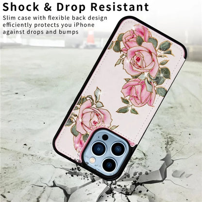For iPhone 13 Pro Max Case Lacquered Flower RFID Blocking Card Holder Phone Cover