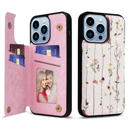 For iPhone 13 Pro Max Case Lacquered Flower RFID Blocking Card Holder Phone Cover