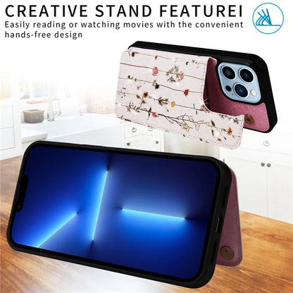 For iPhone 13 Pro Max Case Lacquered Flower RFID Blocking Card Holder Phone Cover