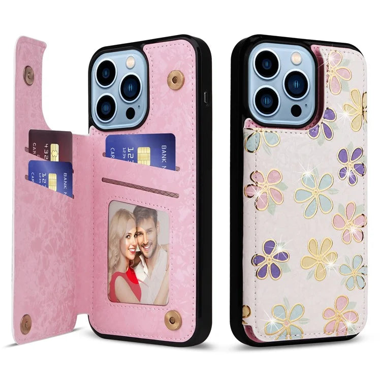 For iPhone 13 Pro Max Case Lacquered Flower RFID Blocking Card Holder Phone Cover