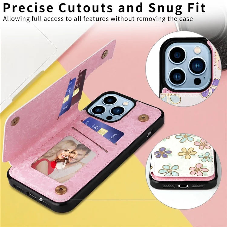 For iPhone 13 Pro Max Case Lacquered Flower RFID Blocking Card Holder Phone Cover