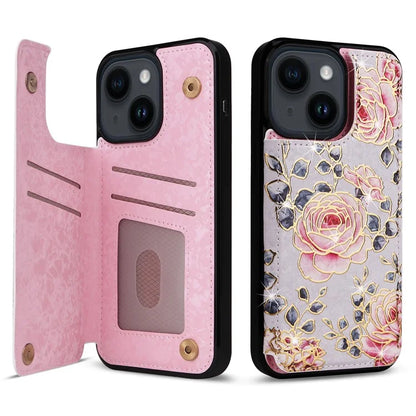 For iPhone 14 Case RFID Blocking Card Holder Magnetic Buttons Phone Cover