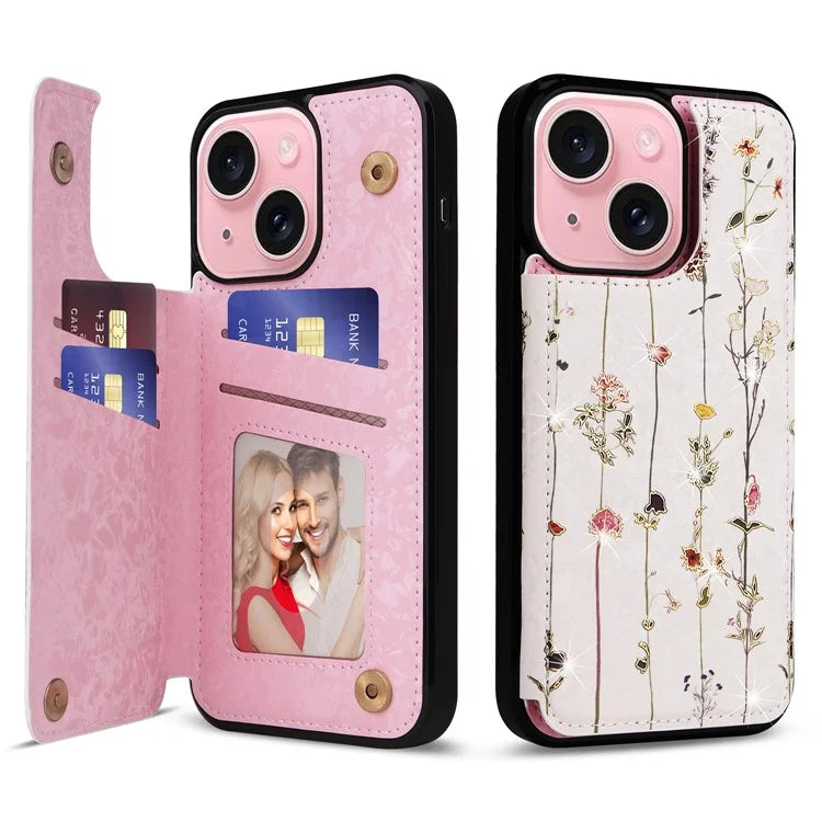 For iPhone 15 Plus Case Lacquered Flower PU Leather + TPU Card Holder Phone Cover