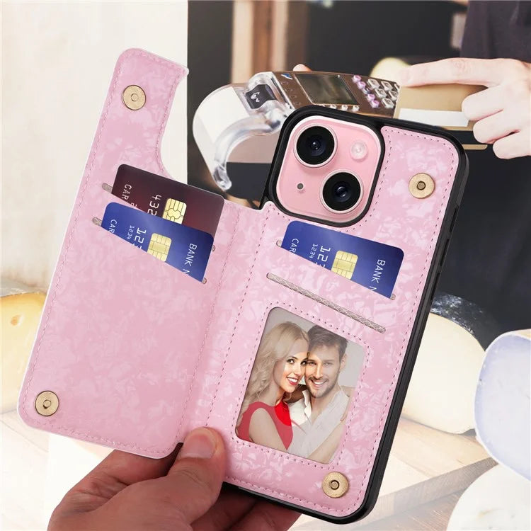 For iPhone 15 Plus Case Lacquered Flower PU Leather + TPU Card Holder Phone Cover