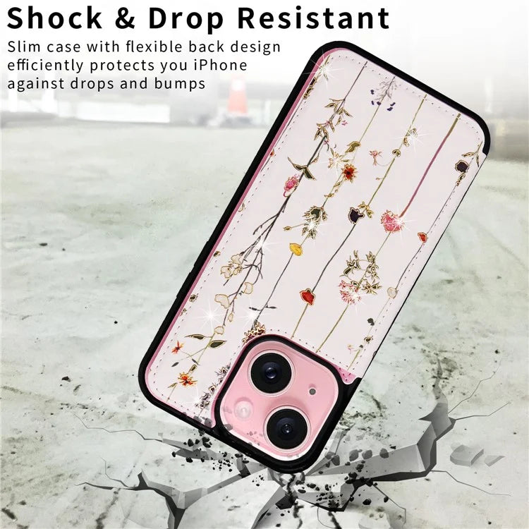 For iPhone 15 Plus Case Lacquered Flower PU Leather + TPU Card Holder Phone Cover
