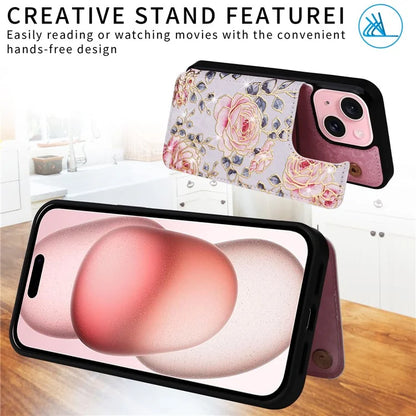 For iPhone 15 Plus Case Lacquered Flower PU Leather + TPU Card Holder Phone Cover