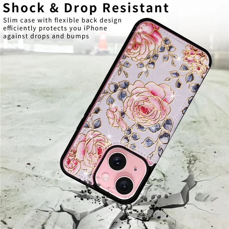 For iPhone 15 Plus Case Lacquered Flower PU Leather + TPU Card Holder Phone Cover