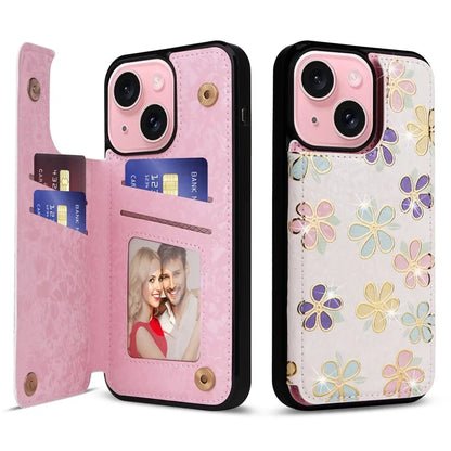 For iPhone 15 Plus Case Lacquered Flower PU Leather + TPU Card Holder Phone Cover