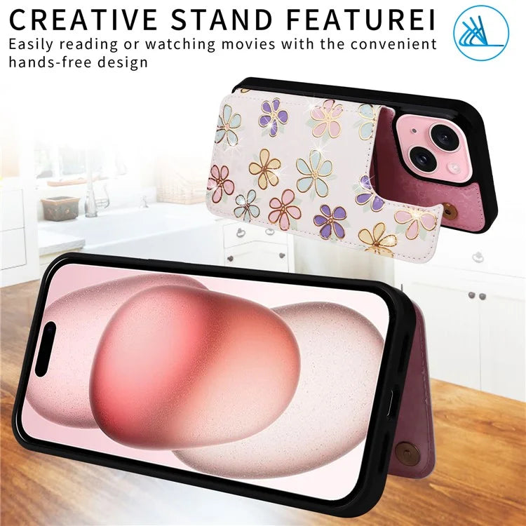 For iPhone 15 Plus Case Lacquered Flower PU Leather + TPU Card Holder Phone Cover