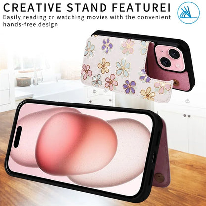 For iPhone 15 Plus Case Lacquered Flower PU Leather + TPU Card Holder Phone Cover