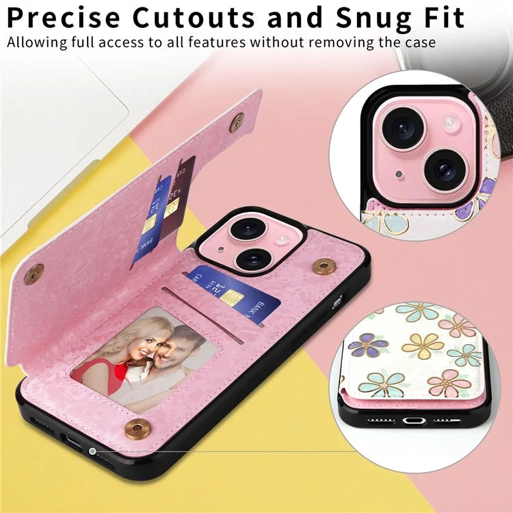 For iPhone 15 Plus Case Lacquered Flower PU Leather + TPU Card Holder Phone Cover