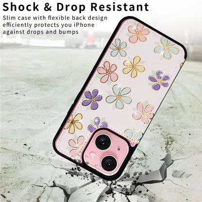 For iPhone 15 Plus Case Lacquered Flower PU Leather + TPU Card Holder Phone Cover