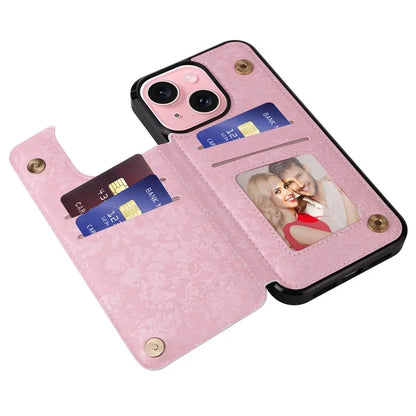 For iPhone 15 Plus Case Lacquered Flower PU Leather + TPU Card Holder Phone Cover