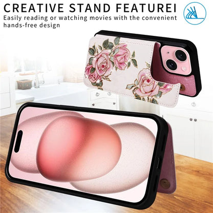 For iPhone 15 Plus Case Lacquered Flower PU Leather + TPU Card Holder Phone Cover