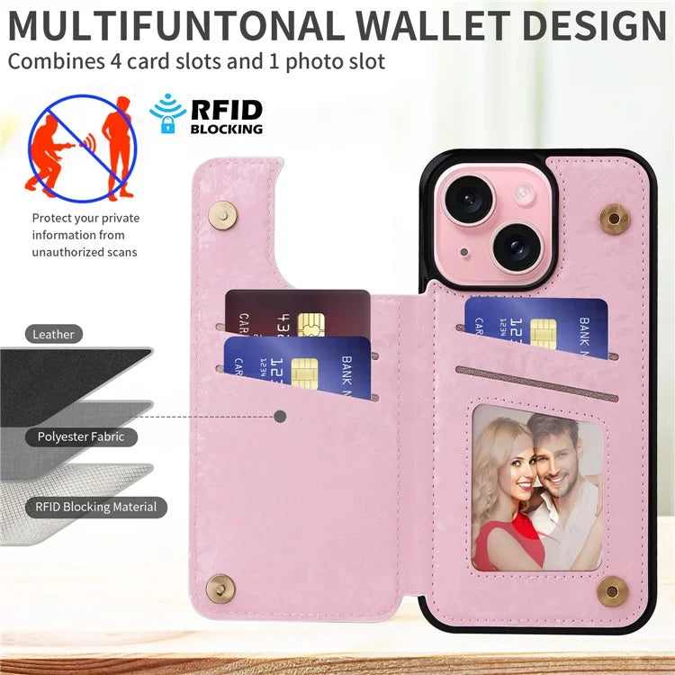 For iPhone 15 Plus Case Lacquered Flower PU Leather + TPU Card Holder Phone Cover
