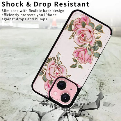 For iPhone 15 Plus Case Lacquered Flower PU Leather + TPU Card Holder Phone Cover