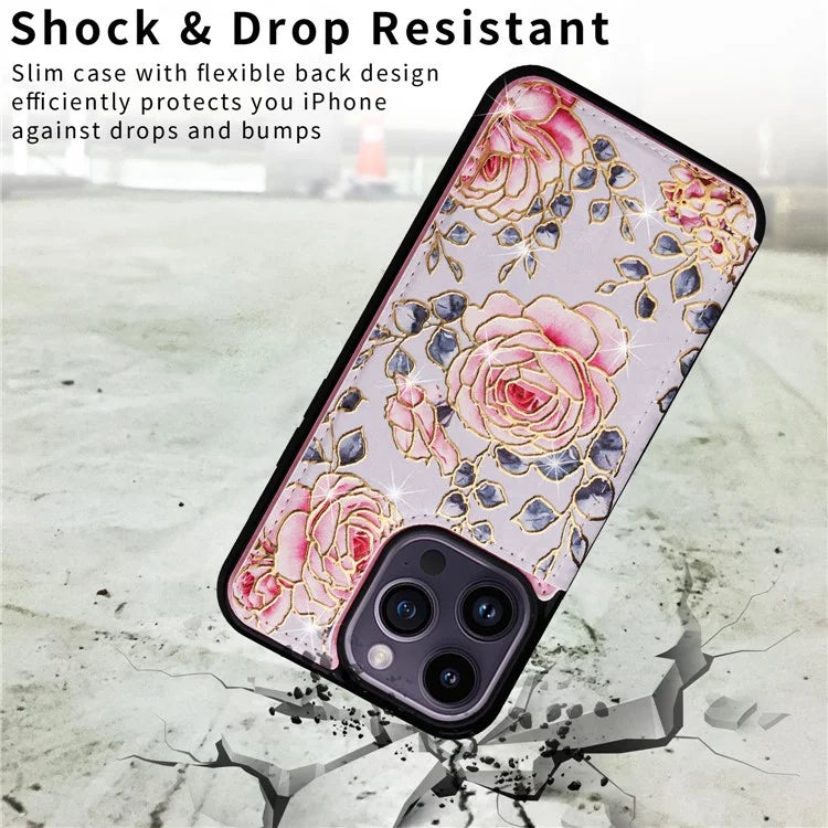 For iPhone 14 Pro Max Case Lacquered Flower Phone Cover with RFID Blocking Card Holder