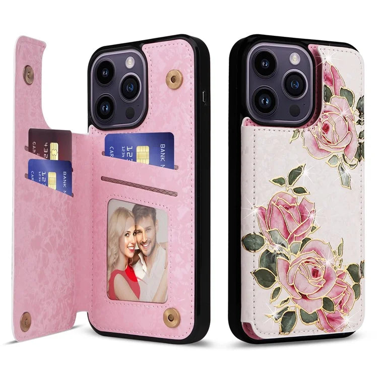 For iPhone 14 Pro Max Case Lacquered Flower Phone Cover with RFID Blocking Card Holder