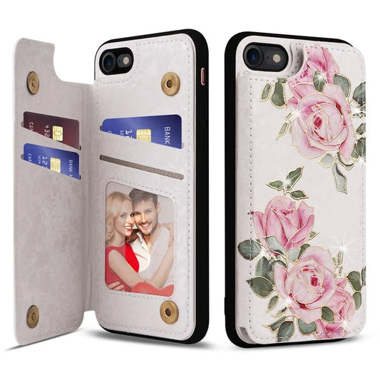 For iPhone 7 / 8 / SE (2020) / SE (2022) Case RFID Blocking Lacquered Flower Phone Kickstand Cover